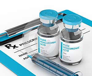 3d render of hyaluronic acid vials and syringe