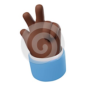 3d render icon of dark skinned hand gesture peace sign. Vector illustration isolated on white background. Cartoon style design for