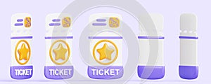 3d render icon set of cinema tickets rotation. Cartoon isolated coupon, voucher with gold star and qr code to movie