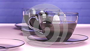 3D render illustration of 3 glass coffee mugs standing in row, on the bright surface, with colorful brick wall in the background.