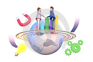 3D render illustration of business person shaking hand on top of globe.