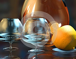 3d render illustration of cognac glass cut lemon and bottle in dark room photo on blue backgroun