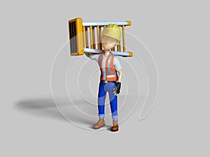 3d render illustration cute character worker and carry the ladder