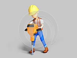 3d render illustration cute character worker and a handheld hydraulic breaker