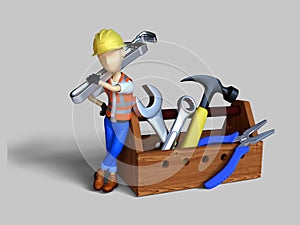 3d render illustration cute character worker and leaning on a pile of tools