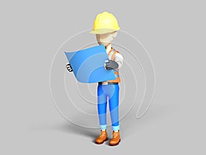 3d render illustration cute character worker and reading construction blueprint concept