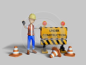 3d render illustration cute character worker and under construction sign with road markings