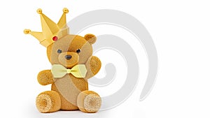 3d render illustration of a cute stuffed toy bear with gold crown on white background