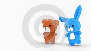 3d render illustration of a cute stuffed toy bear and rabbit on white background