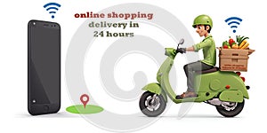 3d render illustration of delivery man character riding on a scooter, motorcycle with large box. Online food order and food