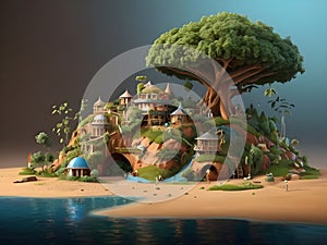 3D render illustration of a fantasy island with enchanting houses and tree