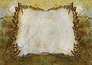 3d render illustration of golden leaf branches frame on marble