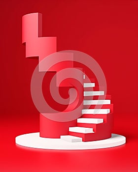 3D render illustration of a gradient spiral stair podium on a red background is a minimal abstract background ideal for product