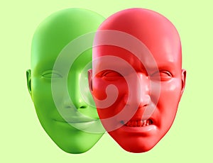 3d render illustration of green and red colored human faces