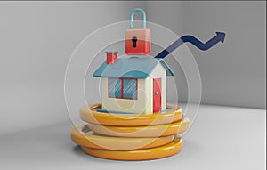 3d render illustration of home and money. house on pile of coins. padlock on top of house metaphor for security and protection.