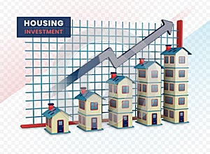 3d render illustration of housing investment. home and apartments in row increase with arrow indicating increase in investment