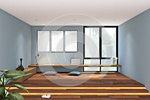 3d render illustration of interior study room, lower table with frame mockup, wood and blue wall finish. Set 9