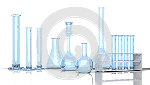 3D render illustration. Laboratory blue glassware