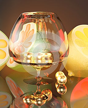 3d render illustration of lemon lime half cognac glass and gold balls art still life