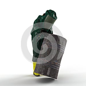 3D render illustration of a man wearing a protective chemical suit carrying a barrel