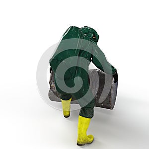 3D render illustration of a man wearing a protective chemical suit carrying a barrel