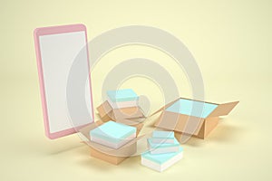 3d render. Illustration of a smartphone with online shopping boxes