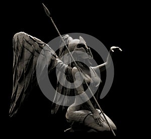 3d render illustration of stone angel statue with spear and armor on dark background