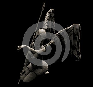 3d render illustration of stone angel statue with spear and armor on dark background