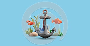 3d render illustration of underwater coral reef with fish and black sailing anchor, render cartoon diving or snorkeling