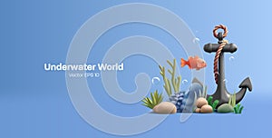 3d render illustration of underwater world coral reef with fish and black sailing anchor, render cartoon diving or