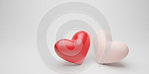 3d render illustration, valentine`s day, beautiful composition with two hearts for the holiday of all lovers