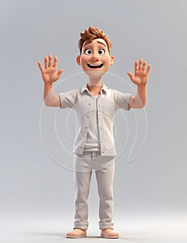 3d render illustration of young handsome man waving, plain fashion clothing, Hawaii style, funny character