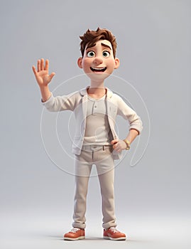 3d render illustration of young handsome man waving, plain fashion clothing, Hawaii style, funny character