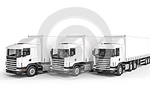 3d render image of 3 white trucks. nobody around