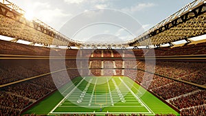 3D render image of American football stadium with yellow goal post, grass field and blurred fans at playground during