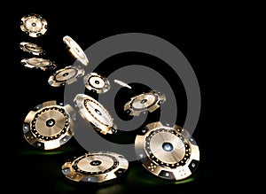 3d render image of casino chips in black and gold with diamond inserts on a dark background