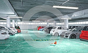 3d render image of a flooded underground parking