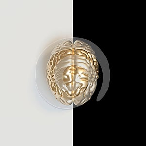 3d render image of a gold-colored human brain on a white and black