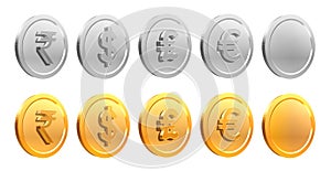 3D Render image of gold and silver coins with Rupee symbol, US Dollar symbol, Pound sign and Euro symbol.