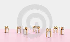 3D render image illustration of White gift box golden ribbon for celebration on special day. Happy Holiday decoration surprise