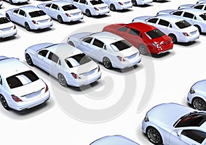 3D render image of a lot of white cars with one red in the middle