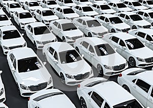 3D render image representing a fleet of white luxury cars