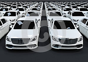 3D render image representing a fleet of white luxury cars