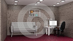 3d render image of a room interior. computer table and gaming chair. 3d mockup design. abstract visualization.