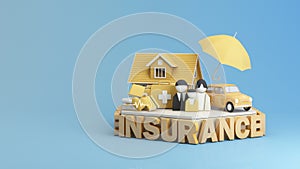 3d render of Insurance company complete insurance concept. Assurance and insurance, car, real estate and property, travel, finance