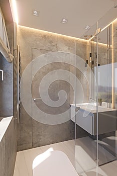 3d render interior design of the bathroom with glass walk in shower