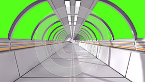 3d render interior. Futuristic hallway and green screen