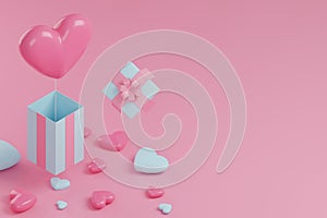 3d render isometric light blue gift box with heart shaped balloon.