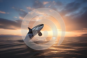 3D render of a killer whale jumping out of the ocean at sunset