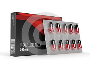 3D render of l-carnitine with pills over white